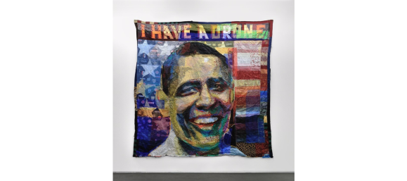 Hassan Musa, I have a drone (Obama's portrait), Textiles, 241 × 247.5 cm. Image credits: Galerie Maïa Muller